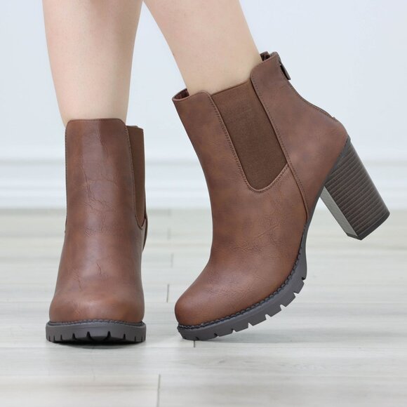 Womens Ankle Boots Lug Block Heel Brown Synthetic Leather Round Toe Elastic Gore - Picture 5 of 11